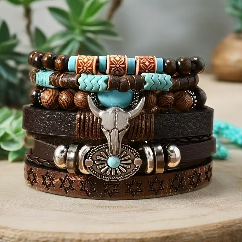 Women's 6 PC Bracelet Set Turquoise Western Bohemian Jewelry New Brown